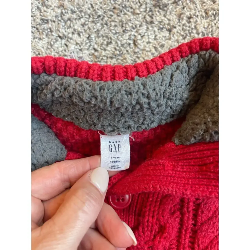 Gap Kid’s Sz 4 Years Red Cable-Knit Sweater Button Mock Neck Pullover